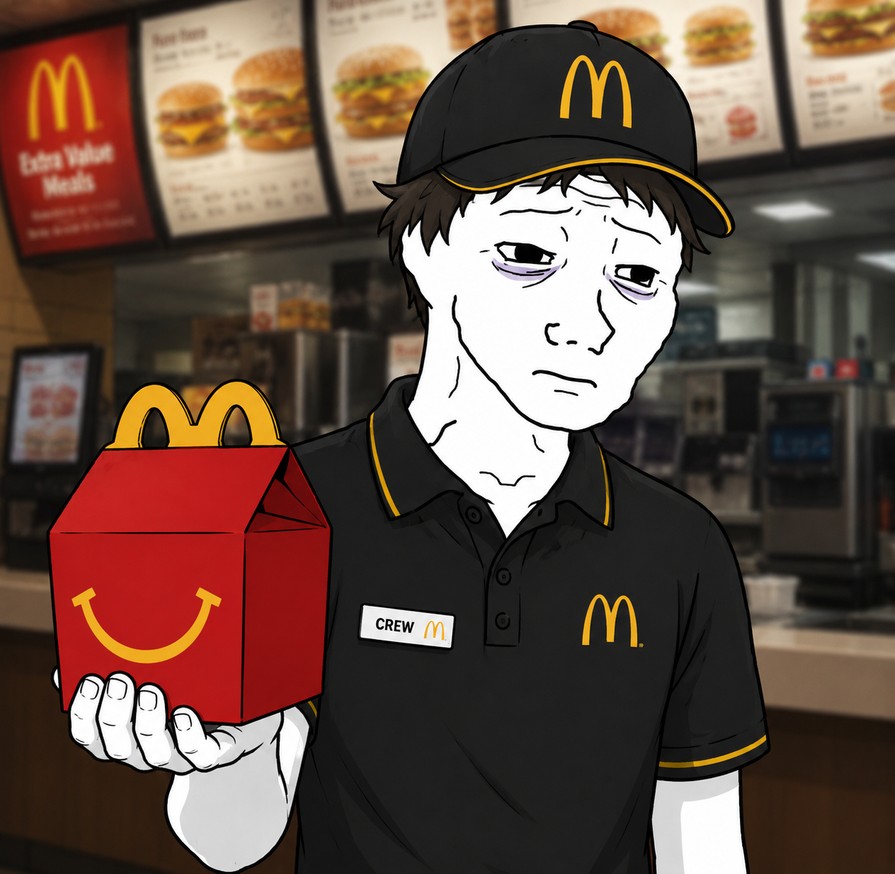 A burnt-out crypto trader now working at McDonald's, holding a Happy Meal
